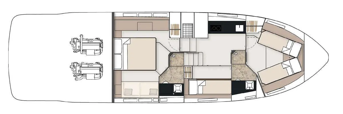 Floor plan of a boat interior featuring two cabins, a salon, kitchen area, and two boat engines at the rear.